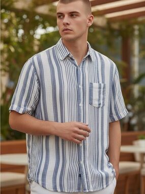 J. Crew Blue and White Vertical Stripe Short-Sleeve Button-Down Shirt